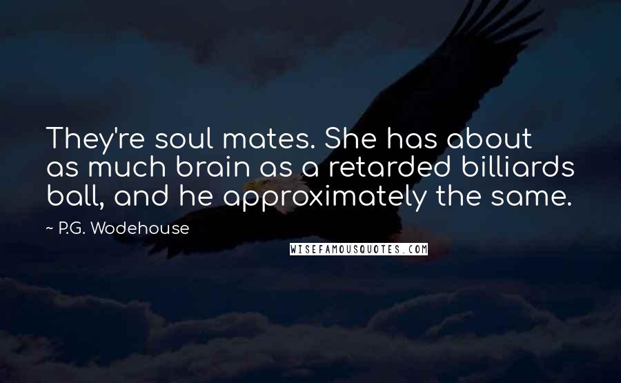 P.G. Wodehouse Quotes: They're soul mates. She has about as much brain as a retarded billiards ball, and he approximately the same.