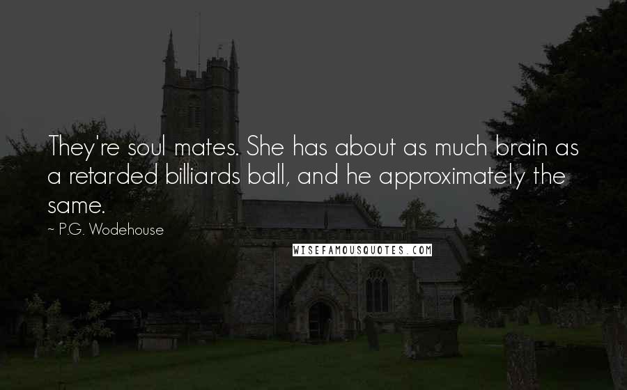 P.G. Wodehouse Quotes: They're soul mates. She has about as much brain as a retarded billiards ball, and he approximately the same.