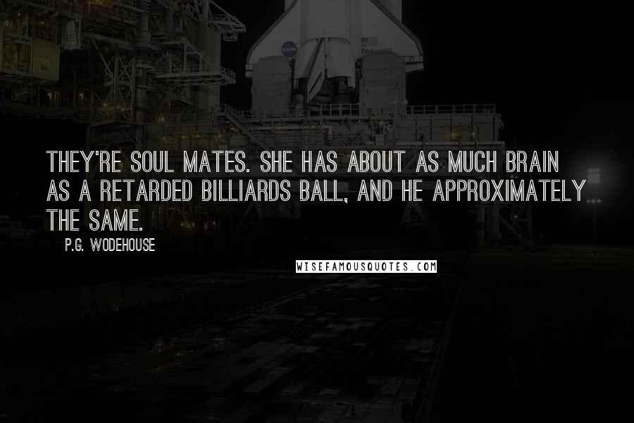 P.G. Wodehouse Quotes: They're soul mates. She has about as much brain as a retarded billiards ball, and he approximately the same.