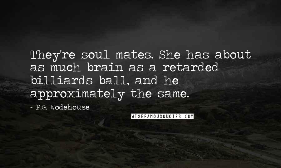 P.G. Wodehouse Quotes: They're soul mates. She has about as much brain as a retarded billiards ball, and he approximately the same.