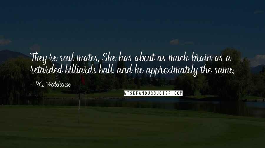 P.G. Wodehouse Quotes: They're soul mates. She has about as much brain as a retarded billiards ball, and he approximately the same.