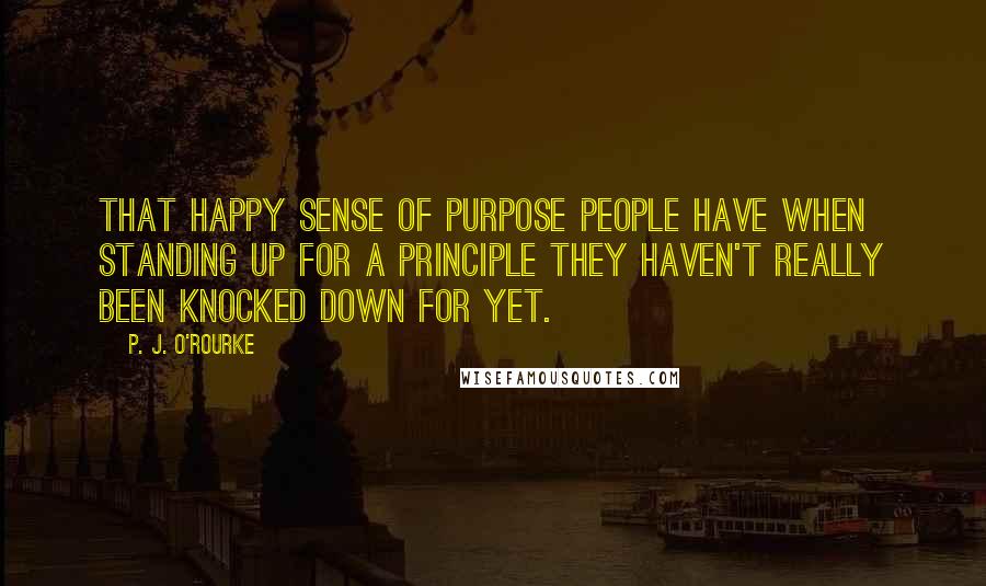 P. J. O'Rourke Quotes: That happy sense of purpose people have when standing up for a principle they haven't really been knocked down for yet.