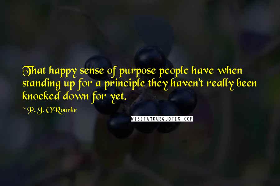 P. J. O'Rourke Quotes: That happy sense of purpose people have when standing up for a principle they haven't really been knocked down for yet.