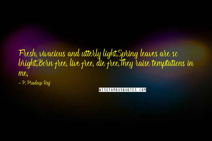 P. Pradeep Raj Quotes: Fresh, vivacious and utterly light,Spring leaves are so bright.Born free, live free, die free,They raise temptations in me.