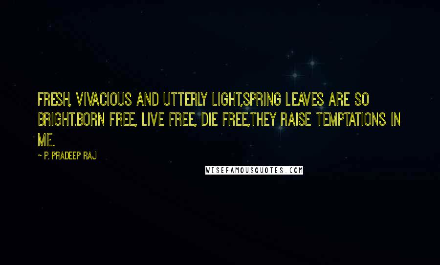 P. Pradeep Raj Quotes: Fresh, vivacious and utterly light,Spring leaves are so bright.Born free, live free, die free,They raise temptations in me.