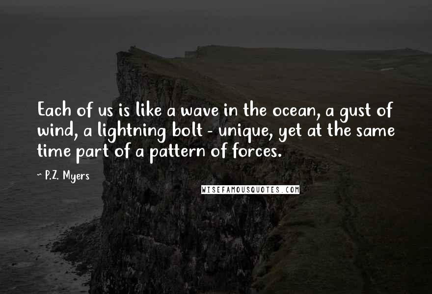 P.Z. Myers Quotes: Each of us is like a wave in the ocean, a gust of wind, a lightning bolt - unique, yet at the same time part of a pattern of forces.