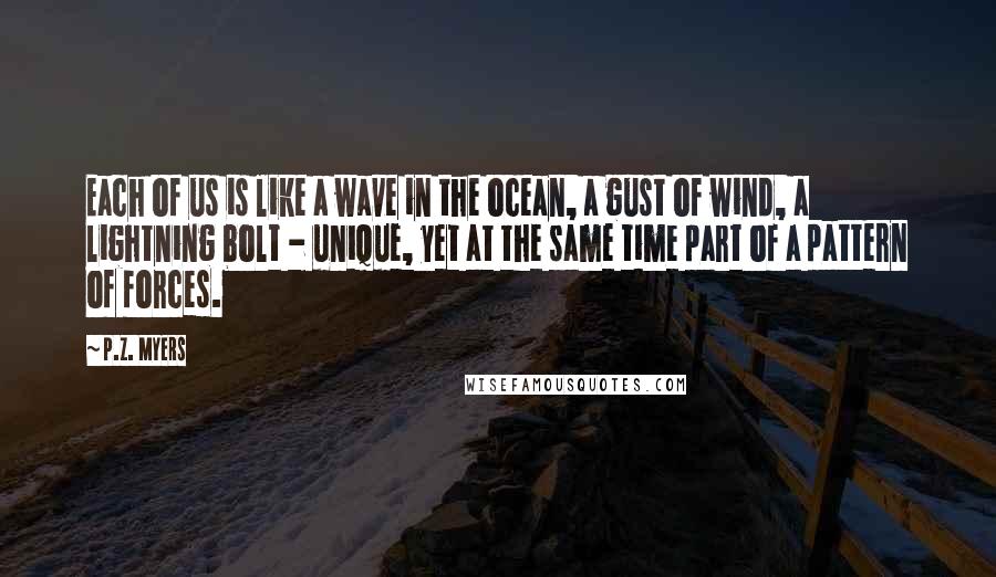 P.Z. Myers Quotes: Each of us is like a wave in the ocean, a gust of wind, a lightning bolt - unique, yet at the same time part of a pattern of forces.