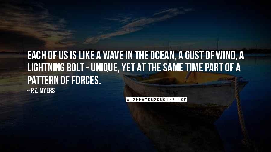 P.Z. Myers Quotes: Each of us is like a wave in the ocean, a gust of wind, a lightning bolt - unique, yet at the same time part of a pattern of forces.