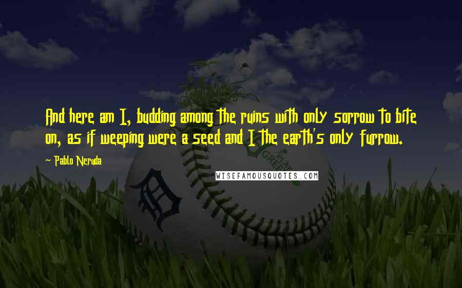 Pablo Neruda Quotes: And here am I, budding among the ruins with only sorrow to bite on, as if weeping were a seed and I the earth's only furrow.