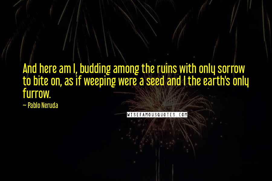 Pablo Neruda Quotes: And here am I, budding among the ruins with only sorrow to bite on, as if weeping were a seed and I the earth's only furrow.