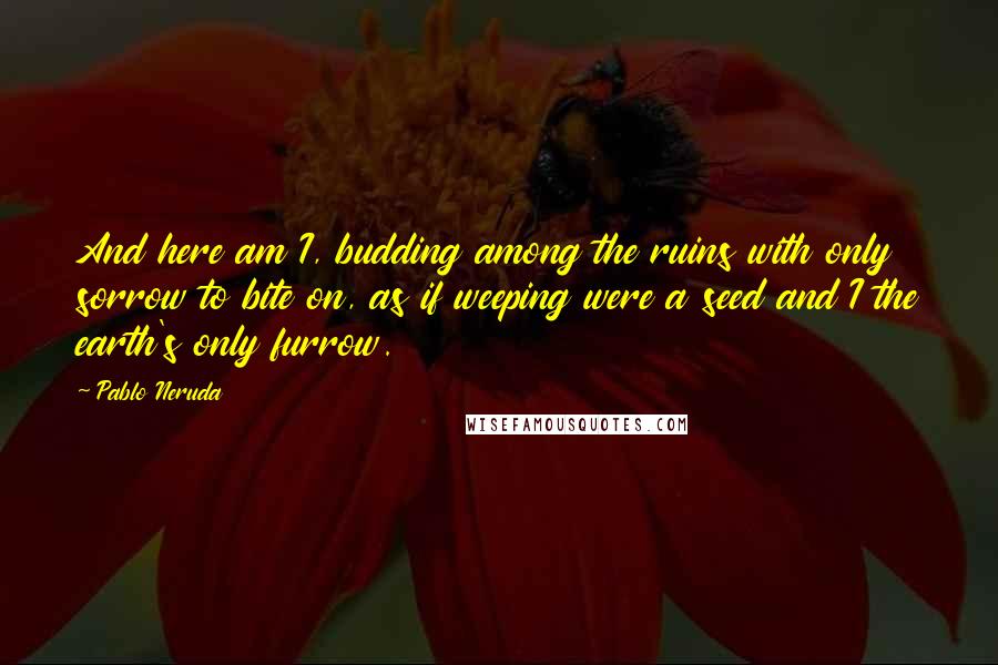 Pablo Neruda Quotes: And here am I, budding among the ruins with only sorrow to bite on, as if weeping were a seed and I the earth's only furrow.
