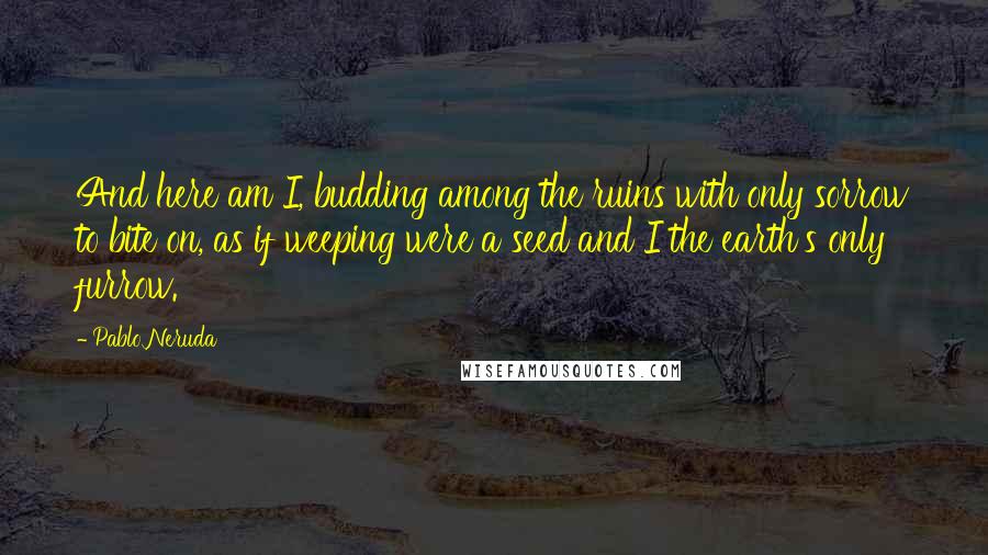 Pablo Neruda Quotes: And here am I, budding among the ruins with only sorrow to bite on, as if weeping were a seed and I the earth's only furrow.