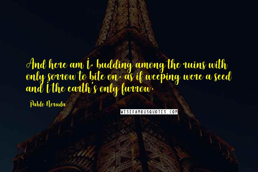 Pablo Neruda Quotes: And here am I, budding among the ruins with only sorrow to bite on, as if weeping were a seed and I the earth's only furrow.