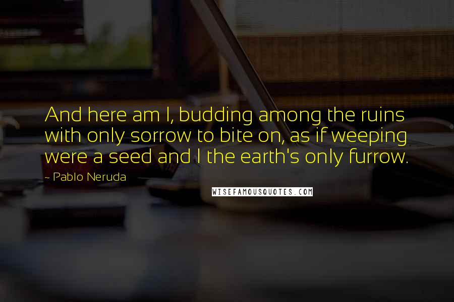 Pablo Neruda Quotes: And here am I, budding among the ruins with only sorrow to bite on, as if weeping were a seed and I the earth's only furrow.