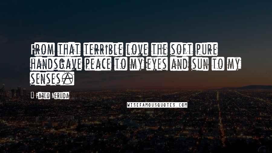 Pablo Neruda Quotes: From that terrible love the soft pure handsgave peace to my eyes and sun to my senses.