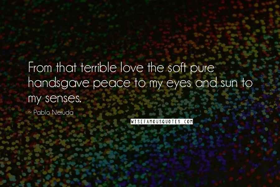 Pablo Neruda Quotes: From that terrible love the soft pure handsgave peace to my eyes and sun to my senses.