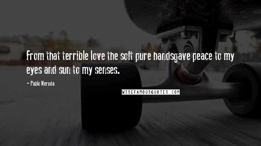 Pablo Neruda Quotes: From that terrible love the soft pure handsgave peace to my eyes and sun to my senses.