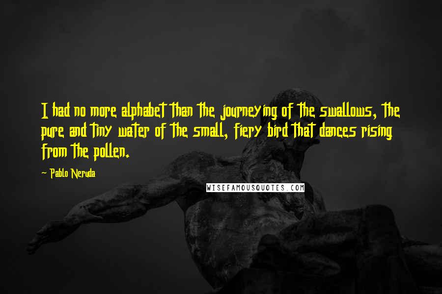 Pablo Neruda Quotes: I had no more alphabet than the journeying of the swallows, the pure and tiny water of the small, fiery bird that dances rising from the pollen.