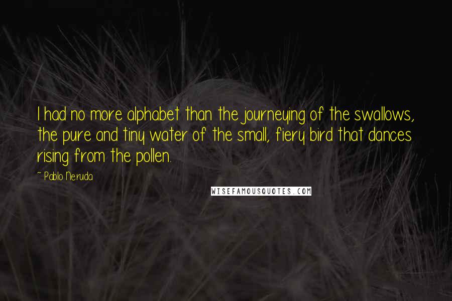 Pablo Neruda Quotes: I had no more alphabet than the journeying of the swallows, the pure and tiny water of the small, fiery bird that dances rising from the pollen.