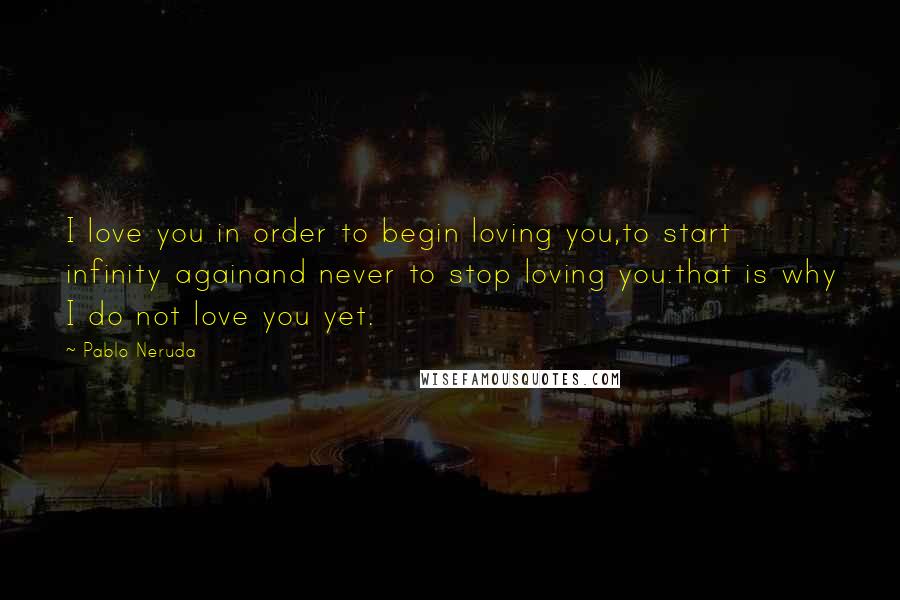 Pablo Neruda Quotes: I love you in order to begin loving you,to start infinity againand never to stop loving you:that is why I do not love you yet.