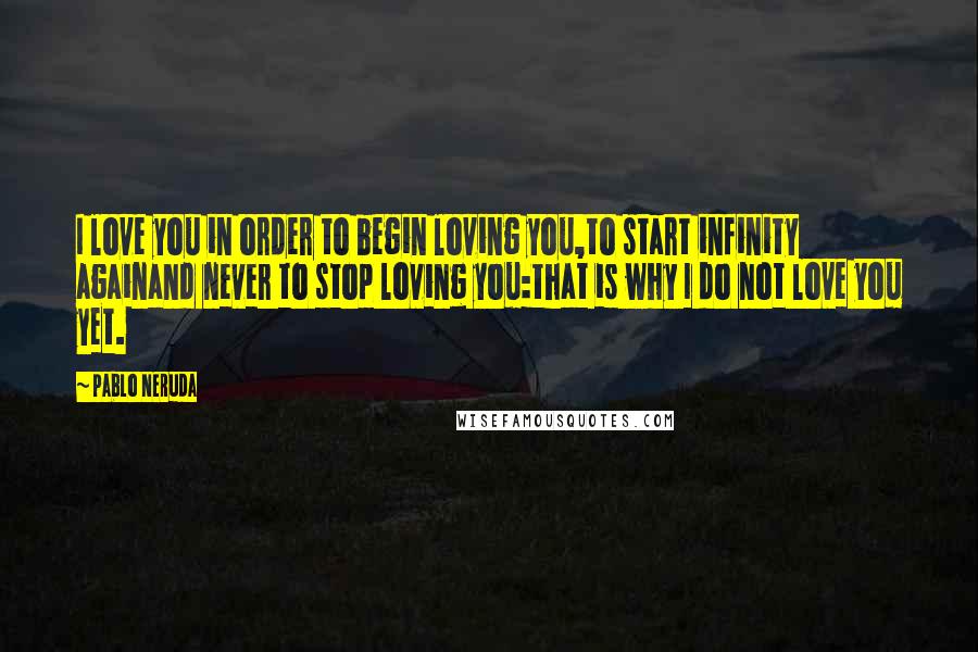 Pablo Neruda Quotes: I love you in order to begin loving you,to start infinity againand never to stop loving you:that is why I do not love you yet.