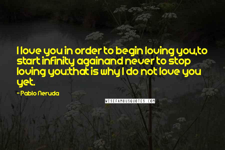 Pablo Neruda Quotes: I love you in order to begin loving you,to start infinity againand never to stop loving you:that is why I do not love you yet.