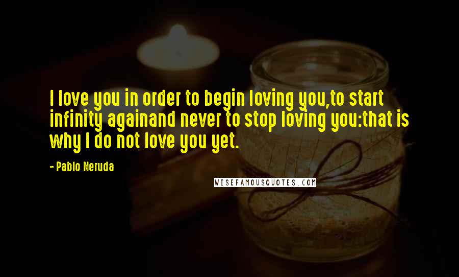 Pablo Neruda Quotes: I love you in order to begin loving you,to start infinity againand never to stop loving you:that is why I do not love you yet.