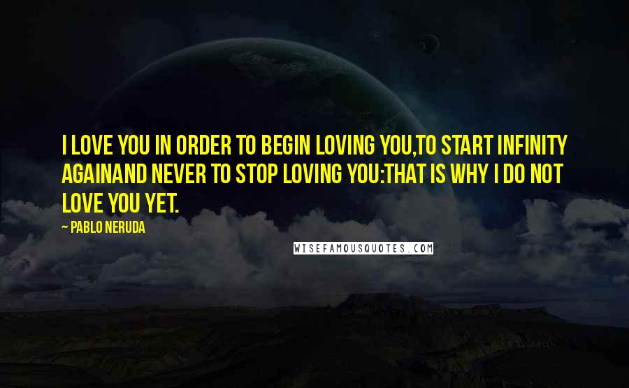 Pablo Neruda Quotes: I love you in order to begin loving you,to start infinity againand never to stop loving you:that is why I do not love you yet.