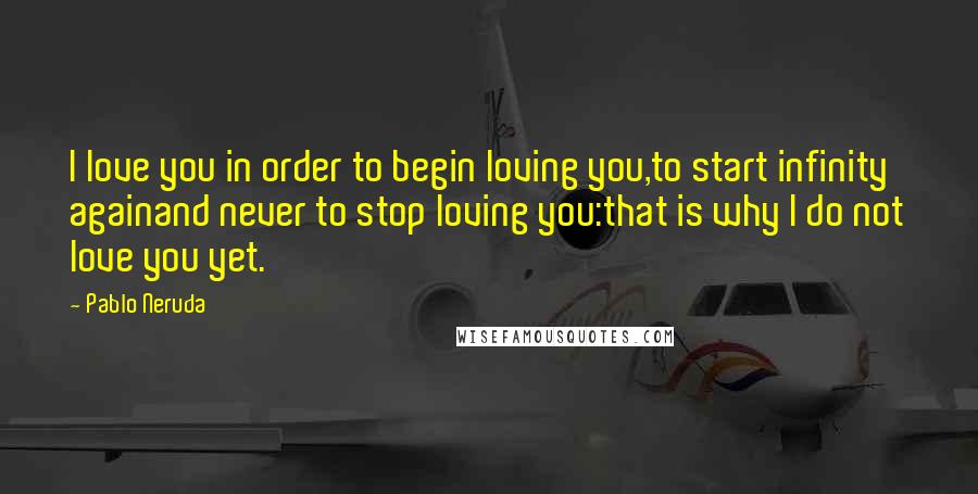 Pablo Neruda Quotes: I love you in order to begin loving you,to start infinity againand never to stop loving you:that is why I do not love you yet.