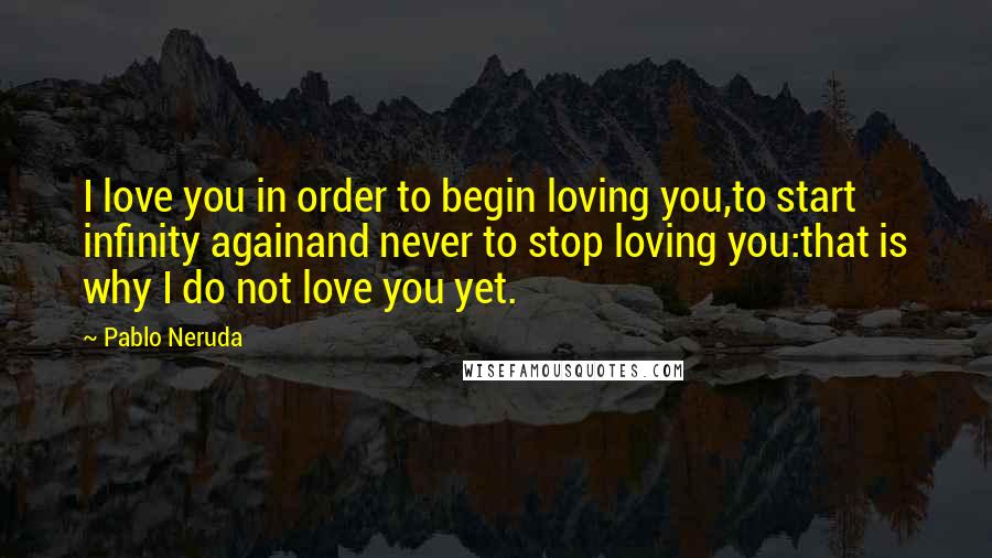 Pablo Neruda Quotes: I love you in order to begin loving you,to start infinity againand never to stop loving you:that is why I do not love you yet.