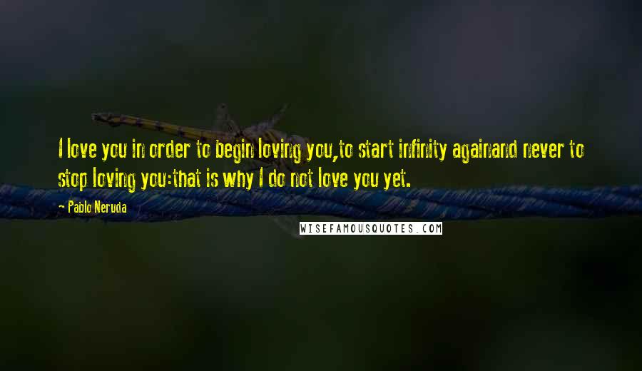 Pablo Neruda Quotes: I love you in order to begin loving you,to start infinity againand never to stop loving you:that is why I do not love you yet.