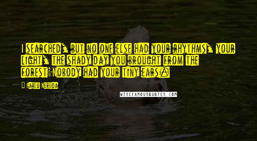 Pablo Neruda Quotes: I searched, but no one else had your rhythms, your light, the shady day you brought from the forest;Nobody had your tiny ears.