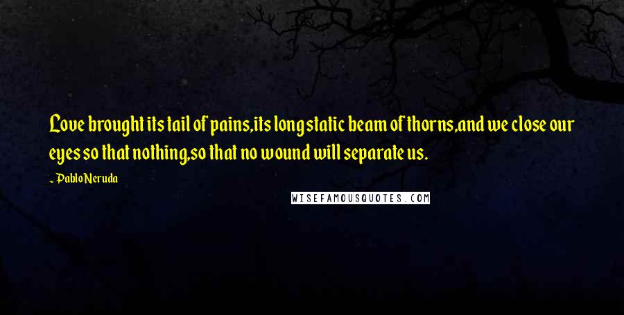 Pablo Neruda Quotes: Love brought its tail of pains,its long static beam of thorns,and we close our eyes so that nothing,so that no wound will separate us.