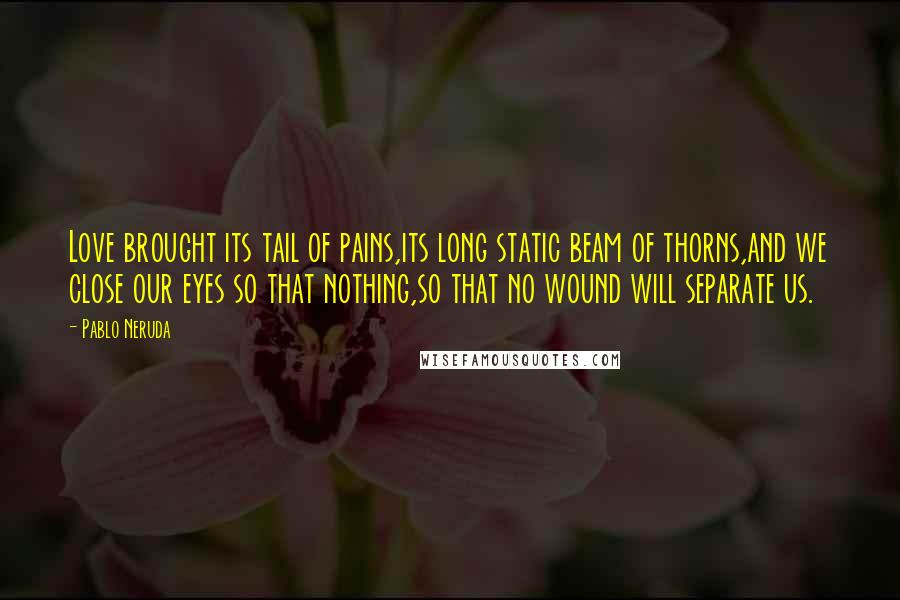 Pablo Neruda Quotes: Love brought its tail of pains,its long static beam of thorns,and we close our eyes so that nothing,so that no wound will separate us.