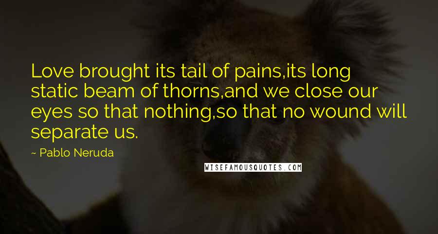 Pablo Neruda Quotes: Love brought its tail of pains,its long static beam of thorns,and we close our eyes so that nothing,so that no wound will separate us.