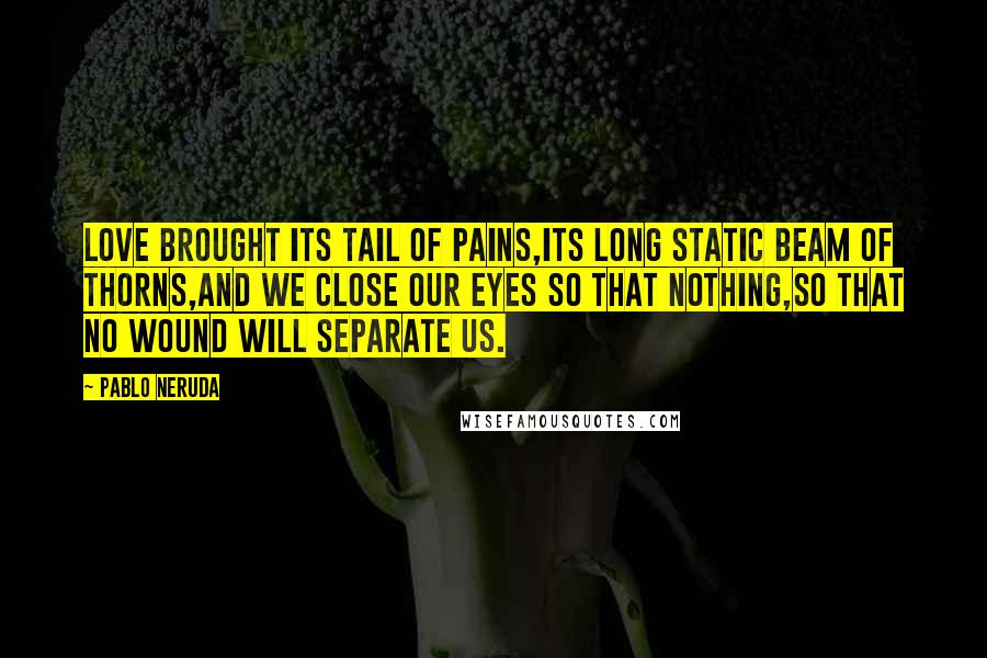 Pablo Neruda Quotes: Love brought its tail of pains,its long static beam of thorns,and we close our eyes so that nothing,so that no wound will separate us.