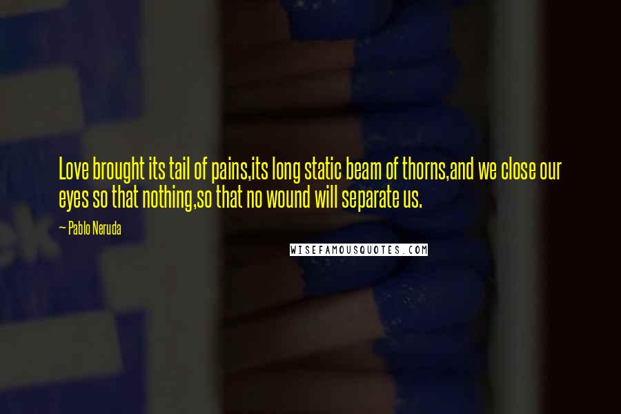 Pablo Neruda Quotes: Love brought its tail of pains,its long static beam of thorns,and we close our eyes so that nothing,so that no wound will separate us.