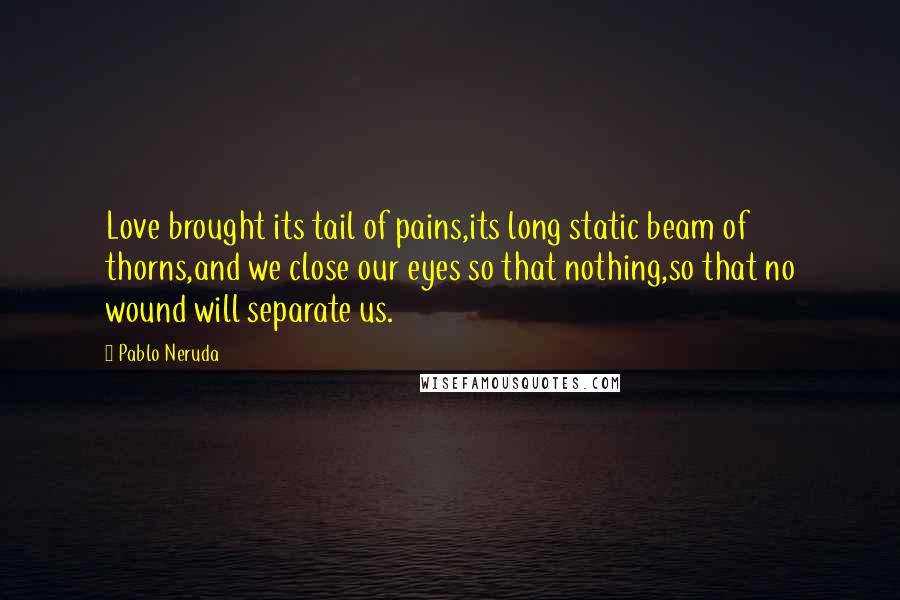 Pablo Neruda Quotes: Love brought its tail of pains,its long static beam of thorns,and we close our eyes so that nothing,so that no wound will separate us.