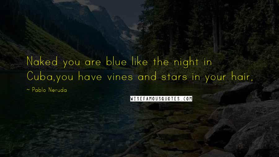 Pablo Neruda Quotes: Naked you are blue like the night in Cuba,you have vines and stars in your hair,
