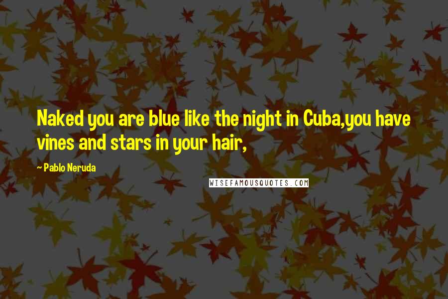 Pablo Neruda Quotes: Naked you are blue like the night in Cuba,you have vines and stars in your hair,