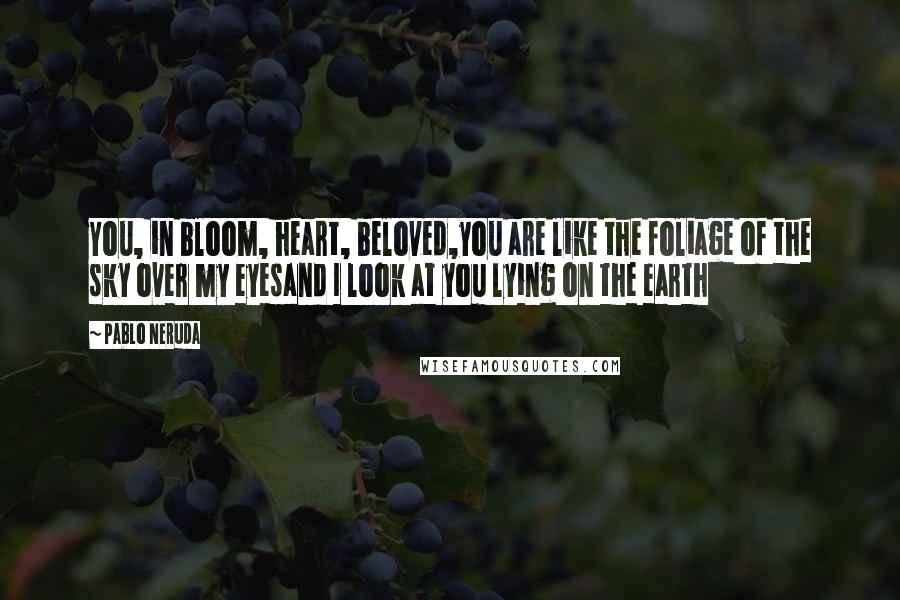 Pablo Neruda Quotes: You, in bloom, heart, beloved,you are like the foliage of the sky over my eyesand I look at you lying on the earth