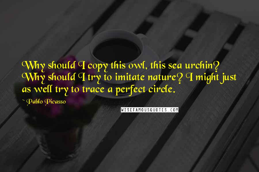 Pablo Picasso Quotes: Why should I copy this owl, this sea urchin? Why should I try to imitate nature? I might just as well try to trace a perfect circle.