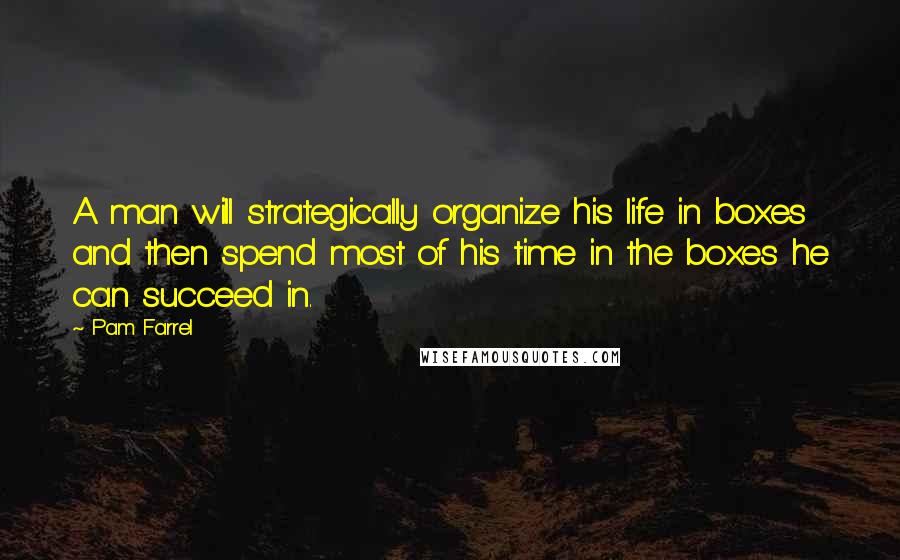 Pam Farrel Quotes: A man will strategically organize his life in boxes and then spend most of his time in the boxes he can succeed in.