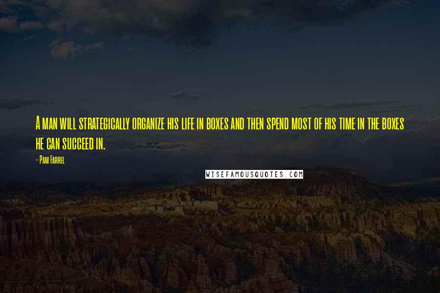 Pam Farrel Quotes: A man will strategically organize his life in boxes and then spend most of his time in the boxes he can succeed in.