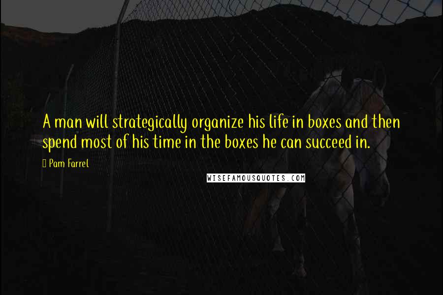 Pam Farrel Quotes: A man will strategically organize his life in boxes and then spend most of his time in the boxes he can succeed in.