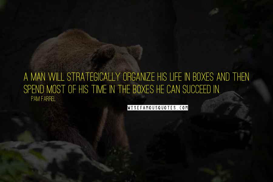 Pam Farrel Quotes: A man will strategically organize his life in boxes and then spend most of his time in the boxes he can succeed in.