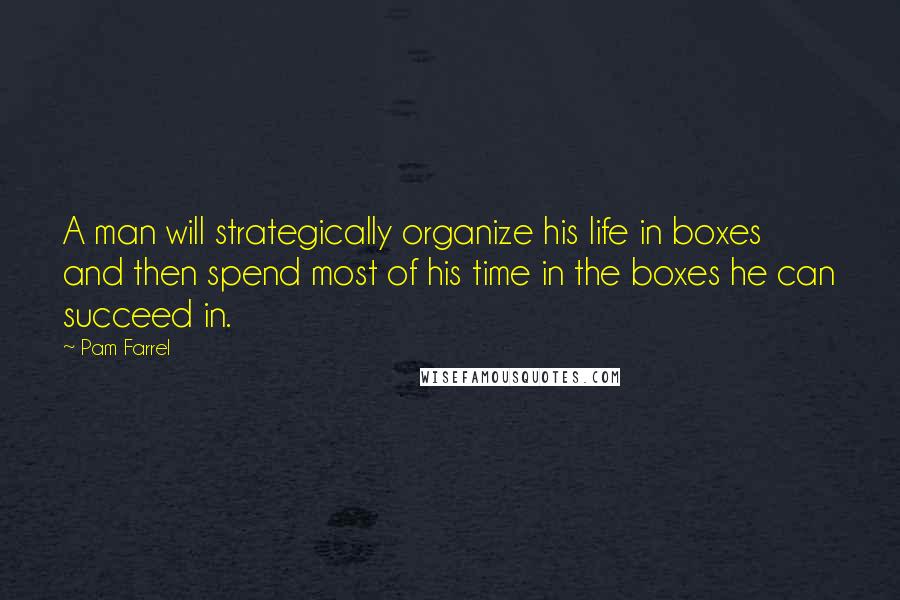 Pam Farrel Quotes: A man will strategically organize his life in boxes and then spend most of his time in the boxes he can succeed in.