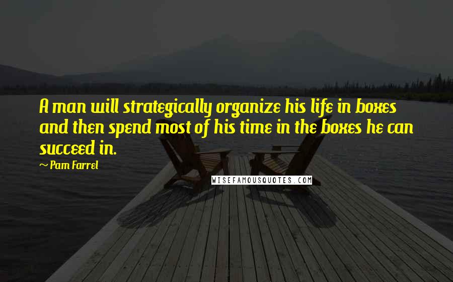 Pam Farrel Quotes: A man will strategically organize his life in boxes and then spend most of his time in the boxes he can succeed in.