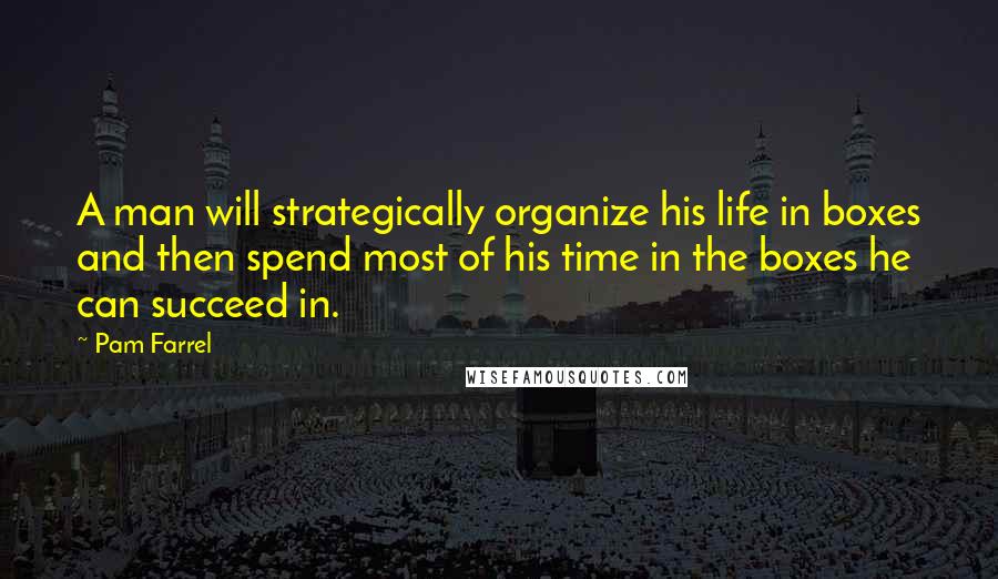 Pam Farrel Quotes: A man will strategically organize his life in boxes and then spend most of his time in the boxes he can succeed in.