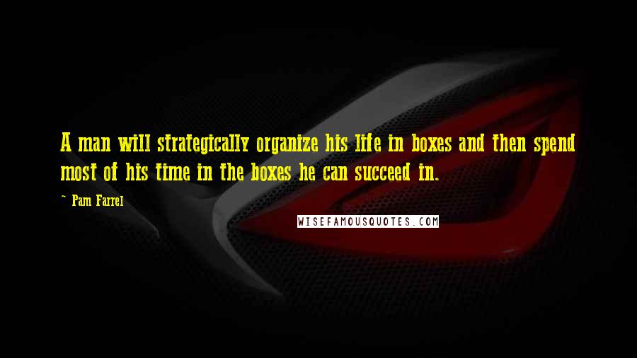 Pam Farrel Quotes: A man will strategically organize his life in boxes and then spend most of his time in the boxes he can succeed in.